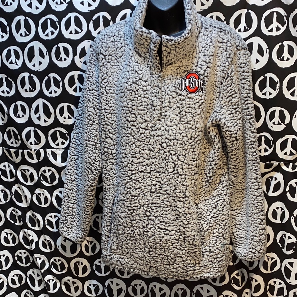 OHIO STATE FAUX SHERPA HENLEY OVERSIZED GREY/WHITE PULLOVER SZ L